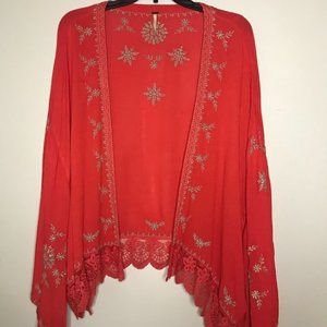 Free People Kimono Red/Orange Base  with Dark Gray Embroidery